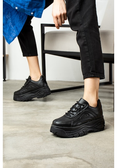 Günlük Kadın Spor Ayakkabı Yüksek Kalın Taban 6 Cm Suni Deri Sneaker 001 Siyah