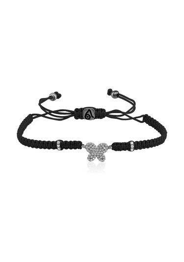 Zirkon Taşlı Pırlanta Montür Siyah Renkli Altın Kaplama Siyah İpli Kelebek Gümüş Makrome Bileklik Gümüş - Rose Gold