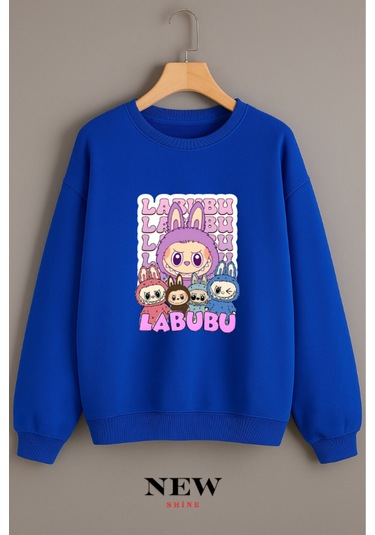 Labubu Baskılı Bisiklet Yaka Sweatshirt Saks Mavisi