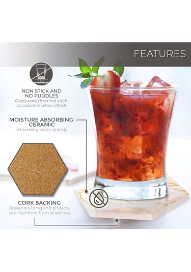 Geeroyoo 8 Parça Mermer Desenli Seramik Bardak Altlığı Seti Süper Emici, Sıcak Ve Soğuk İçecekler İçin Mantar Tabanlı Şık Tel Stand Dahil Beyaz/altın