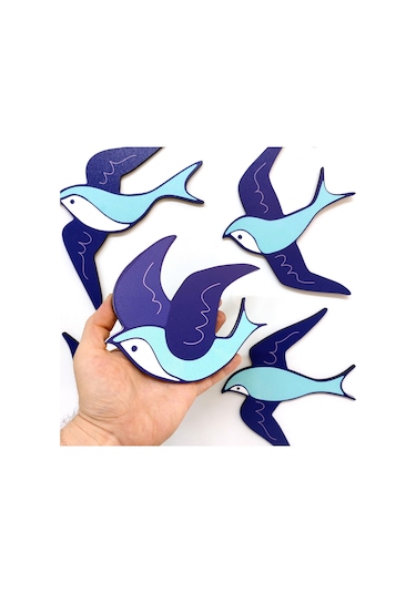 Cajuart Dekoratif 7 Parça Turkuaz Mavi Uçan Kuşlar Ahşap Duvar Tablo Duvar Dekoru