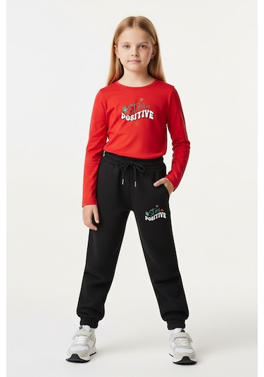 Yuvarlak Yaka Stay Posıtıve Baskılı Kız Çocuk Alt-üst Takım Kırmızı