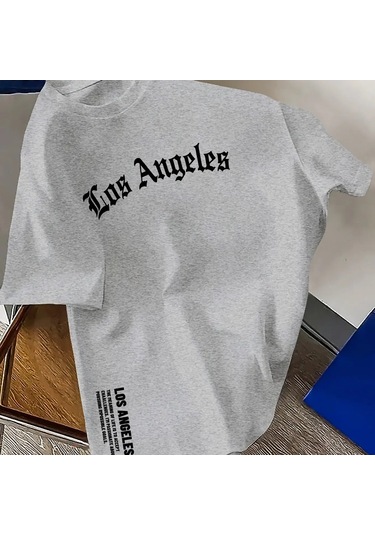 Guılan Erkek %100 Pamuk Los Angeles Baskılı Gevşek Yuvarlak Boyun Kısa Kollu Tişörtgri Gri