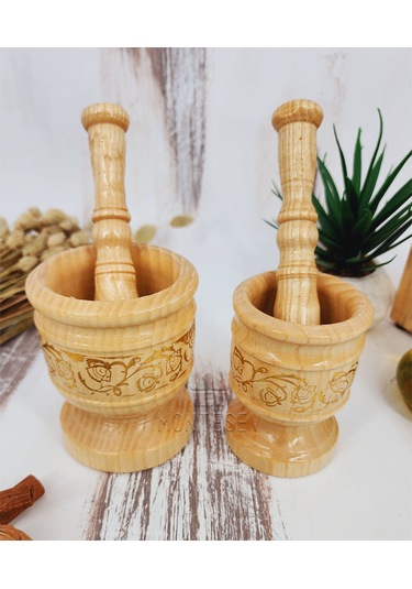 El Yapımı Ağaç Havan Sarımsak Döveceği Lüx 8-10 Luk 2 Li Set