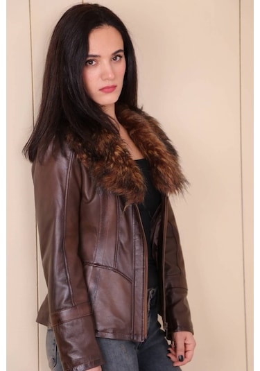 Kahverengi Hakiki Deri Çıkarılabilir Kürk Yakalı Mont Kaban