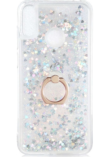 Noktaks - Huawei Uyumlu Huawei Y7 Prime 2019 / Y7 2019 - Kılıf Yüzüklü Simli Sıvılı Milce Kapak - Gümüş