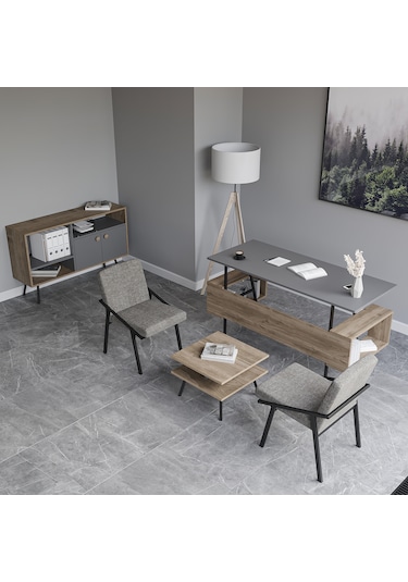 Lagomood İrony Maxi İki Koltuklu Ofis Takım Antrasit Ceviz