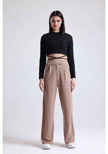 Kadın Wide Leg Likralı Cırt Kapamalı Lastikli Palazzo Pantolon - Kahverengi