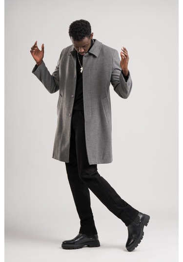 Yakalı Klasik Kesim Düğmeli Uzun Kaşe Erkek Kaban Gri