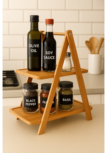 Bambu 2 Katlı Dikdörtgen Baharat Standı Doğal, Şık Ve Fonksiyonel Mutfak Düzenleyici 37 32 16 Cm Bambu