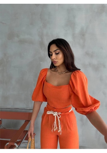 Keten Crop Karpuz Kol Bluz-pantolon Hasır Kemerli - Orange Orange