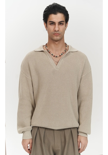 Magnus Polo Yaka Bej Erkek Triko Kazak Bej