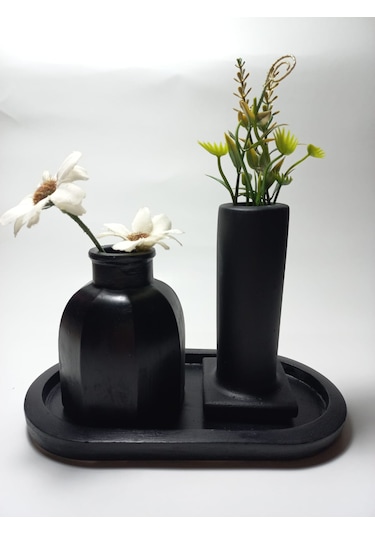 Tabaklı Dekoratif İkili Vazo Set Siyah Siyah