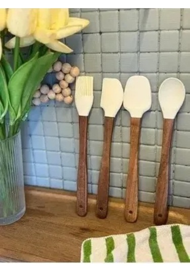 Bambu Saplı Silikon Mutfak Gereç Seti 4'lü Kahverengi