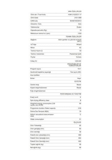 Hoover H3W 2102DE/1-17 1200 Devir 10 KG Çamaşır Makinesi
