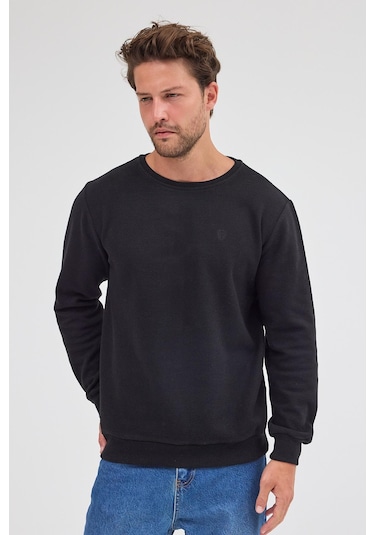 Comeor Erkek Siyah Standart Fit Normal Kesim Pamuklu Basic Bisiklet Yaka Sweatshirt Siyah