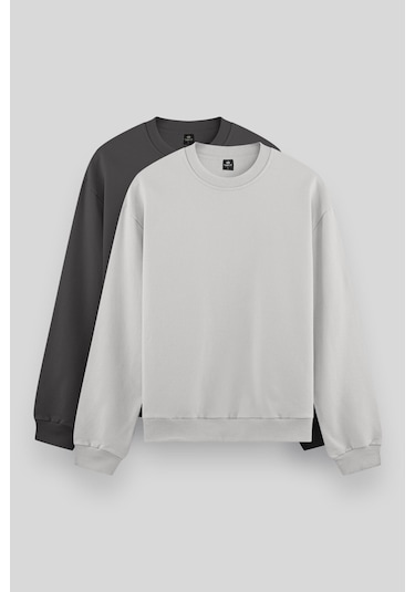 Standart Fit Basic O Yaka 2li Paket Koyu Gri-taş Erkek Sweatshirt - 88053 Gri Antrasit