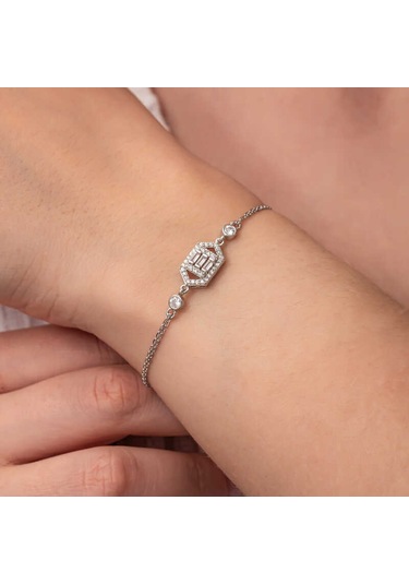 Gümüş Altıgen Baget Taşlı Kadın Bileklik Gümüş