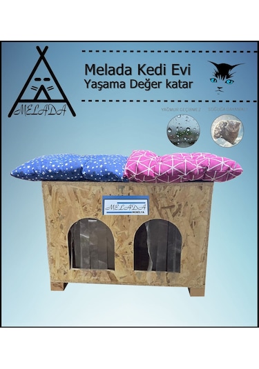 Melada Kedi Evi Dış Ortam Uygun Ahşap Kedi Evi Double Osb Minderli 61x41x36 Cm