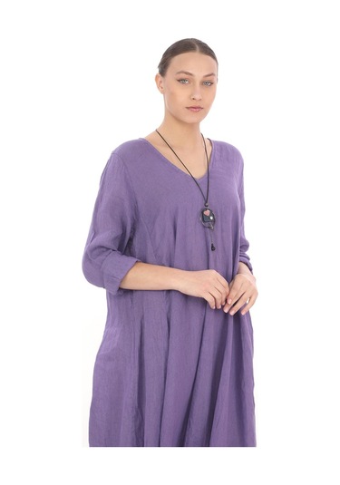 İtalyan V Yaka Uzun Kol Keten Elbise-8907 Mor