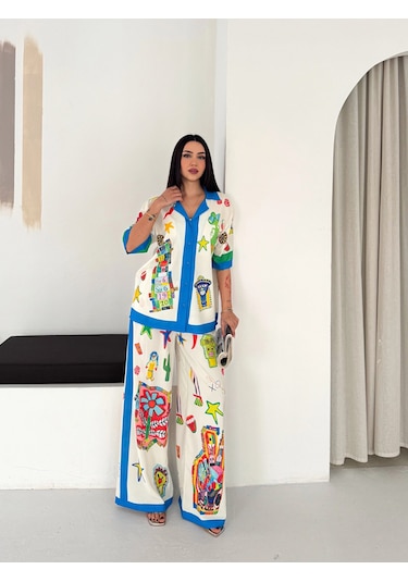 Asprin Fashion Egzotıc Baskılı Gömlek Pantolon Tkım Mavi
