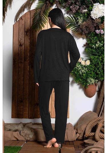 Nisanca Uzun Kollu Bambu Anne Pijama Takımı- Genç Anne Serisi Siyah