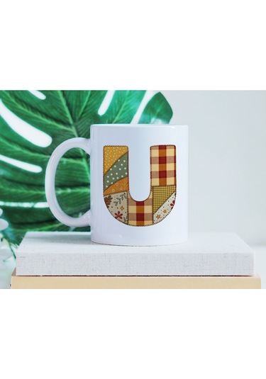 U Harfi Sonbahar Kış Temalı Yamalı Tasarım Kupa Bardak - Etnik Ve Pathwork Severlere Özel Hediye Beyaz