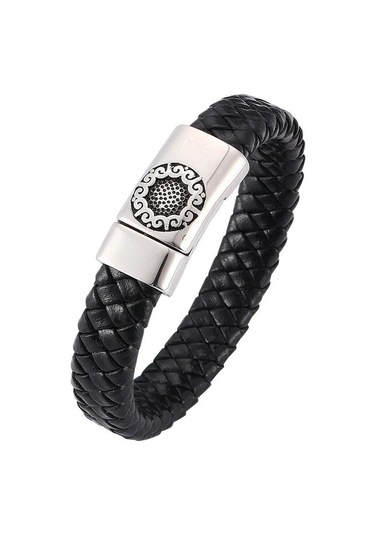 Üniseks Örgülü Hakiki Deri Bileklik Paslanmaz Çelik Tokalı Kadınlar Erkekler İçin Hediye Trend Takı Dokuma Bileklik Siyah
