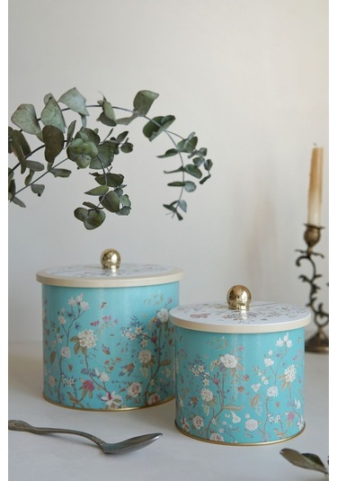 Flora Desenli Metal Saklama Kabı Seti - 2'li Set 1,7 Lt - 3,5 Lt Desenli