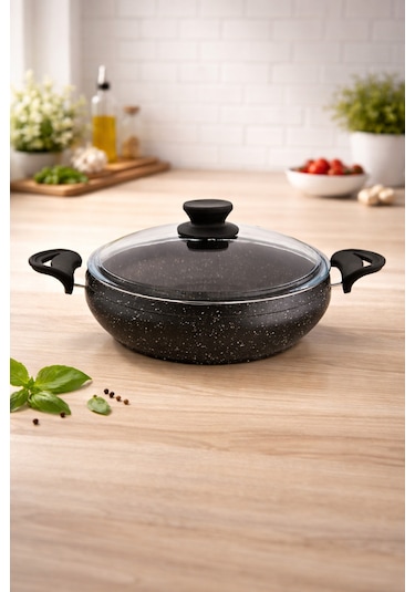 Granit Pro 24 Cm Basık Granit Güveç Tencere Siyah Bakalit Saplı Cam Kapaklı Yapışmaz