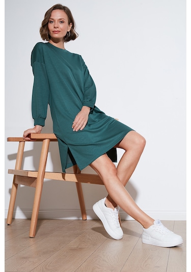 Lela Modest Oysho Kumaş Relaxed Fit Yırtmaçlı Bayan Tunik 5865878 Nefti
