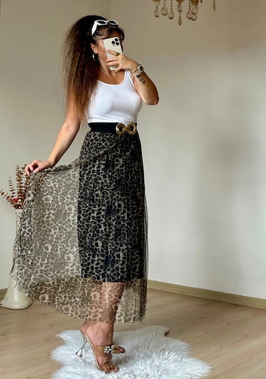 Azra Butik Açık Leopar Tül Etek Siyah