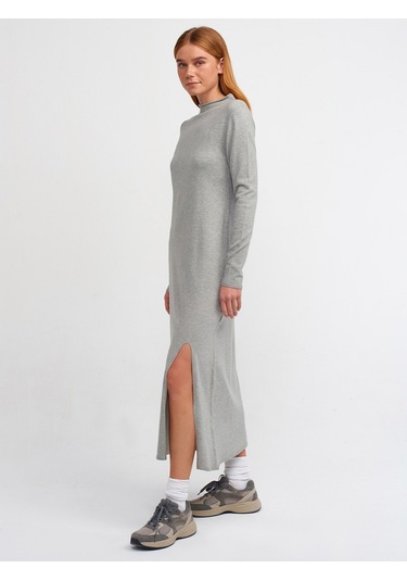 Dilvin Dik Yaka Önü Yırtmaçlı Triko Elbise Gri