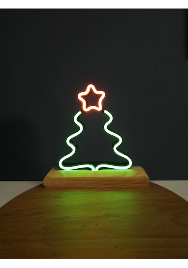 Yılbaşına Özel Çam Ağacı Figürlü Çift Renk Neon Gece Lambası Çok Renkli