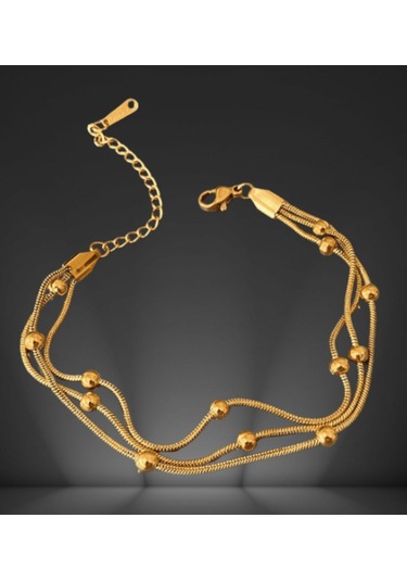 Altın Rengi Üçlü Yılan Zincir Dorikalı Çelik Bileklik - Minimalist Top Detaylı Altın Rengi Zarif Kadın Bilekliği Gold