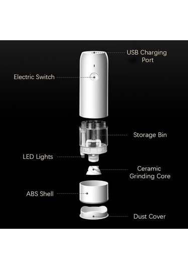 Bloomnest Baharat Öğütücü, Elektrikli Öğütme Şişesi 6 Hız, Usb, Tuz & Biber İçin Uygun Beyaz