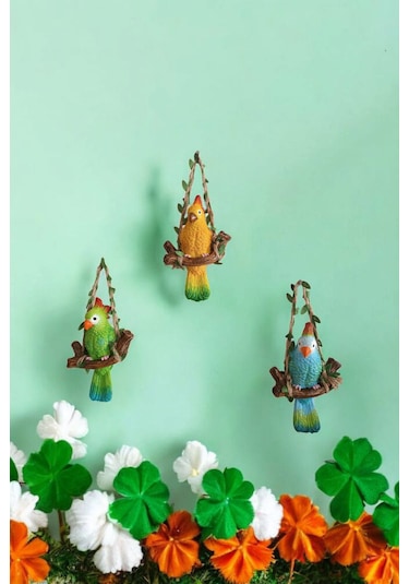 3 Adet Dekoratif Sallanan Duvar Ve Bahçe Süsü Papağan Yeşil