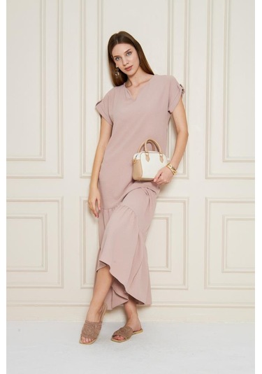 Kadın Uzun Eteği Fırfırlı Kısa Kol Apolet Detaylı Salaş Günlük Rahat Elbise 3761366 Pudra