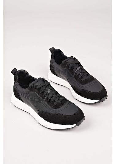 Muggo Svenson Kalın Taban Bağcıklı Hakiki Deri Erkek Günlük Sneaker Spor Ayakkabı Siyah