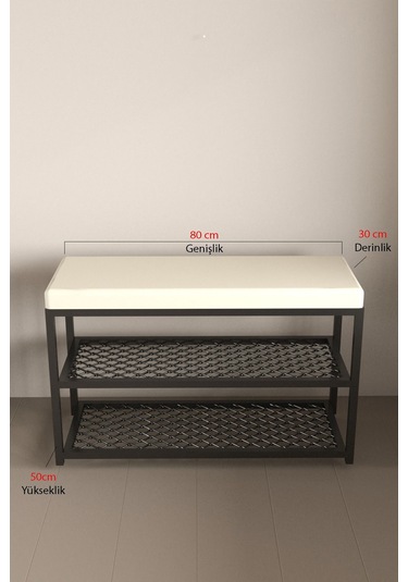 Aju Ayakkabılık Puflu Süngerli Oturaklı Metal Ayakkabı Rafı Modern Vestiyer Baklavalı Metal Tasarım Benc Krem