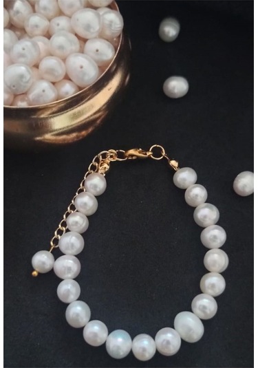 24k Altın Kaplama 8-9 Mm Gerçek İnci Sade Bileklik Beyaz Tek Ebat