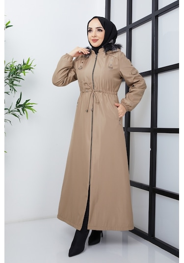 adın Içi  Kürklü Astar Altı Elyaf Belden Büzgülü Uzun Pardesü Açık Bej