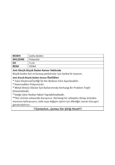 Çantachım Anti Alerjik Plastik Tokalı Büyük Beden Kemer