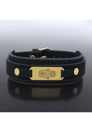 Archin Şans Temalı Doğal Siyah Derili Oval Motifli 14 Ayar Altın Plakalı Hediye Bileklik-438sembol Hamsa