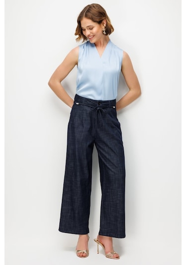 Ekol Kadın Beli Süs Kemerli Bol Paça Pantolon 4934 Indigo