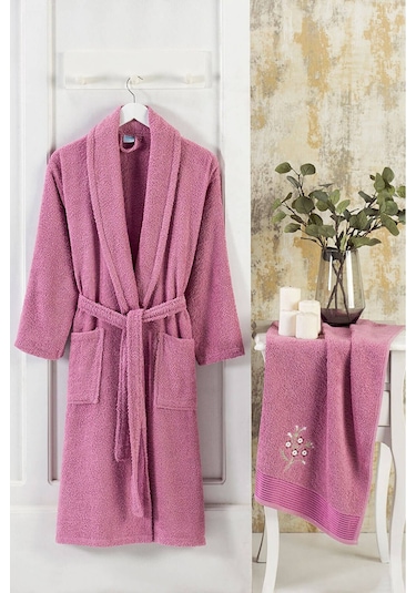 Şalyaka Kadın Erkek Pamuklu Havlulu Banyo Bornoz Takımı Mürdüm