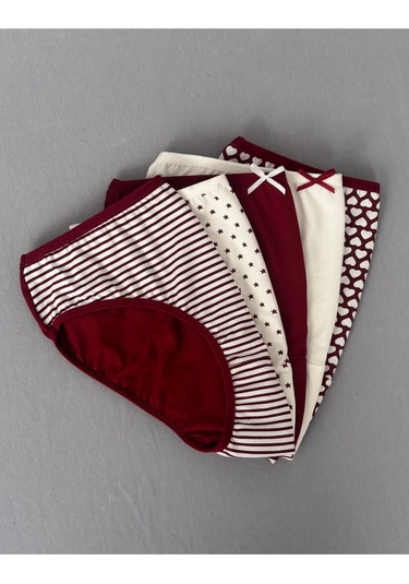 Alya Underwear Pamuklu Kadın Külot Slip Empirme Baskılı Yüksek Bel İç Çamaşırı - 5'li Paket - Lacivert Bordo P27