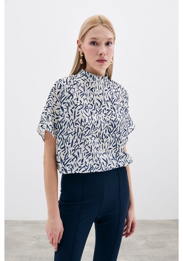 Sateen Yarasa Kol Desenli Bluz - Lacivert-135741 Lacivert