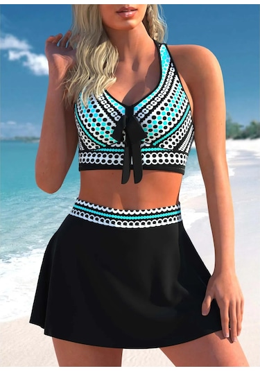 Kadın Mayo İkili Set Bölünmüş Mayo Büyük Beden Etek Mayo Baskılı Çok Renkli