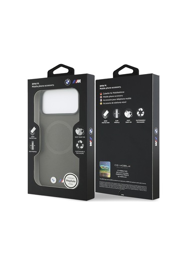 İphone 17 Pro Max Uyumlu Kılıf Bmw Lisanslı M-safeli Metal Logolu Delikli M Dizayn Deri Kapak Füme Füme